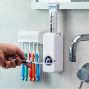 Dispensador de aplicador de pasta de dente e porta-escovas para uso no banheiro