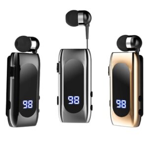 Fone de ouvido compatível com Bluetooth, cabo retrátil de lapela V5.2, fone de ouvido esportivo único intra-auricular inteligente com visor digital de LED