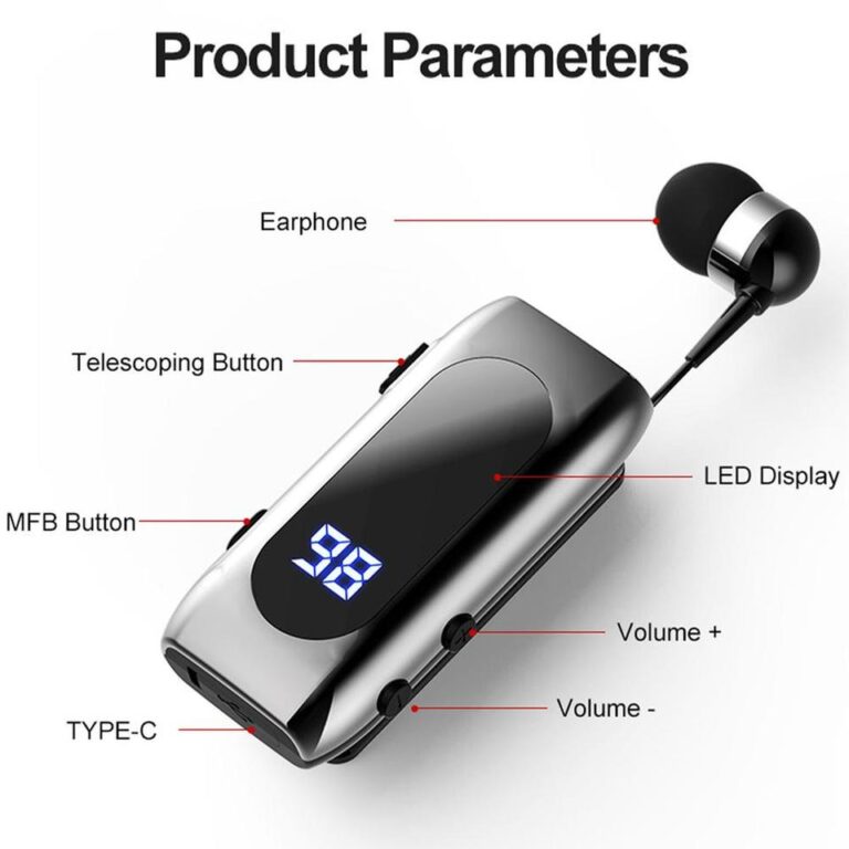 Fone de ouvido compatível com Bluetooth, cabo retrátil de lapela V5.2, fone de ouvido esportivo único intra-auricular inteligente com visor digital de LED - Image 9