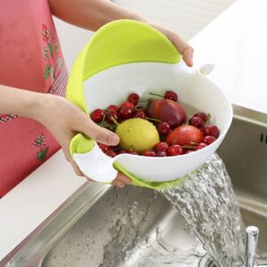 2 em 1 Coador Grande Multifuncional e Tigela Acessórios de Cozinha Cesta de Drenagem de Frutas Rotativa de Camada Dupla