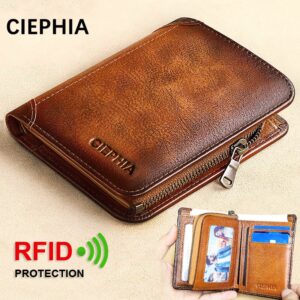 Carteiras de Couro Genuíno para Homens Vintage Curto Multifuncional Bolsa de Negócios com Bloqueio de RFID com Zíper Porta Cartão de Crédito Bolsa de Dinheiro