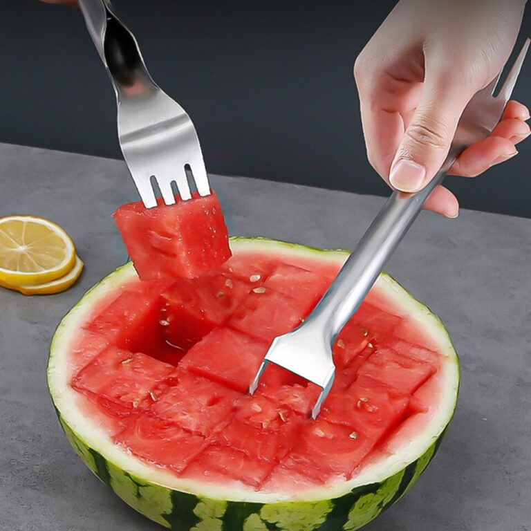 2 em 1 cortador de garfo de melancia em aço inoxidável cortador de frutas garfo de melão cubo ferramenta de corte utensílio de cozinha 1/2 pçs - Image 4