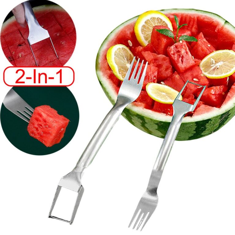 2 em 1 cortador de garfo de melancia em aço inoxidável cortador de frutas garfo de melão cubo ferramenta de corte utensílio de cozinha 1/2 pçs - Image 5