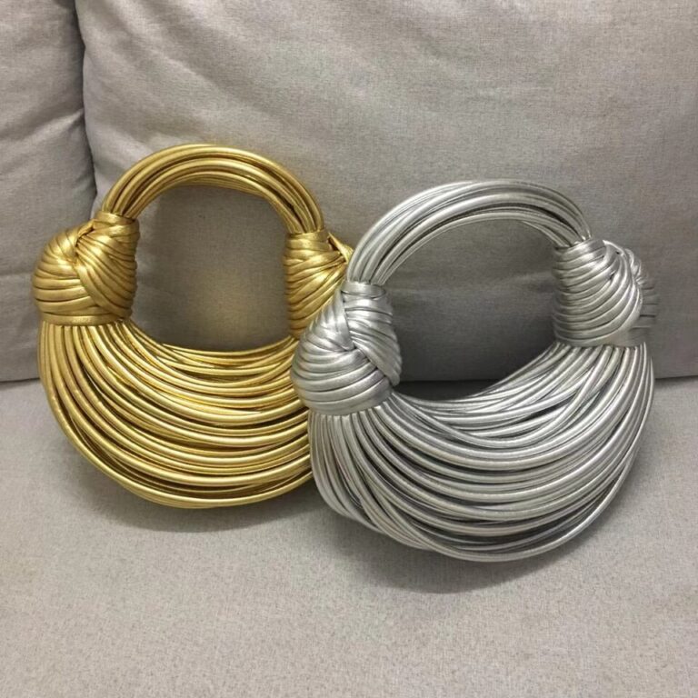 Bolsa de mão de noite dourada de 25 cm para mulheres bolsa de nó de prata bolsa de nó duplo bolsa de tecido de ouro com nó