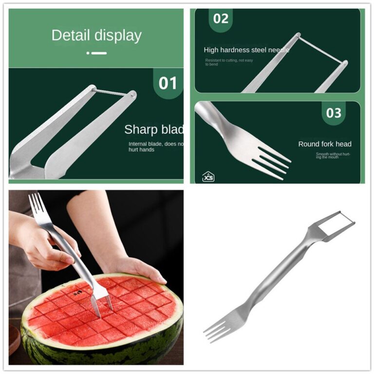 2 em 1 cortador de garfo de melancia em aço inoxidável cortador de frutas garfo de melão cubo ferramenta de corte utensílio de cozinha 1/2 pçs - Image 2