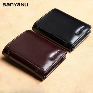 BANYANU Anti Rfid Carteira Estilo Clássico Couro Genuíno Carteiras Masculinas Curto Bolsa Masculina Titular de Cartão Carteira Moda Masculina de Alta Qualidade