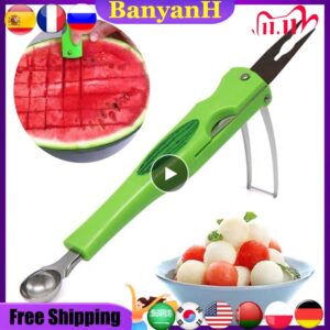 Colher de polpa Escavador de bolas de frutas 3 em 1 Divisor de melancia Prático em aço inoxidável doméstico Utensílios de cozinha para corte de melancia