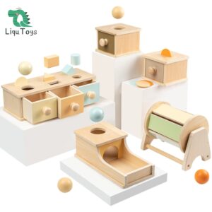 Brinquedos Montessori LIQU Caixa de moedas cor de macaroon, caixa de bolas, caixa de permanência de objetos Brinquedos para bebês de 8 a 24 meses Aprendizagem de bebês