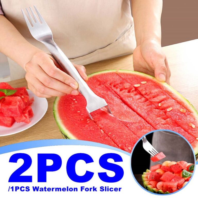 2 em 1 cortador de garfo de melancia em aço inoxidável cortador de frutas garfo de melão cubo ferramenta de corte utensílio de cozinha 1/2 pçs