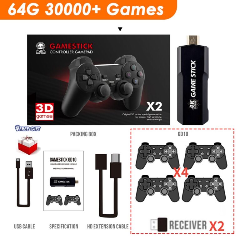 Console de jogos 4/2 gamepad 4K GD10 Game Stick HD Output TV Game Stick 2.4G Dual Handle Console de videogame portátil para simuladores - Image 5