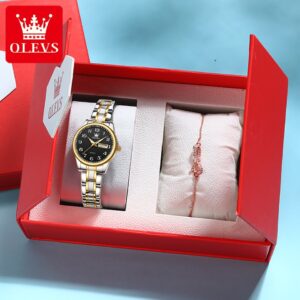 OLEVS 5567 Relógio de quartzo com mostrador preto para mulheres, relógios de aço inoxidável à prova d'água, marca de luxo, moda, vestido feminino, relógio de pulso