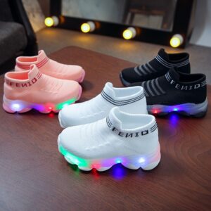 Tênis Infantil Infantil Bebé Meninas Meninos Letter Mesh Led Meias Luminosas Tênis Correr Desportivo Sapato Sapato Infantil Sapatos Iluminados