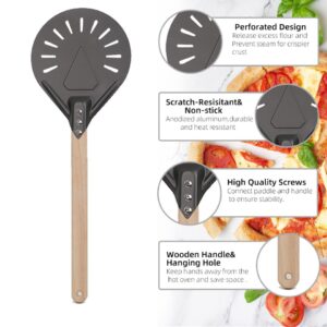 Pá giratória para pizza pequena, ferramenta redonda para pizza com cabo de madeira, acessórios para forno 7 8 9 espaços, pá de pizza de alumínio antiaderente