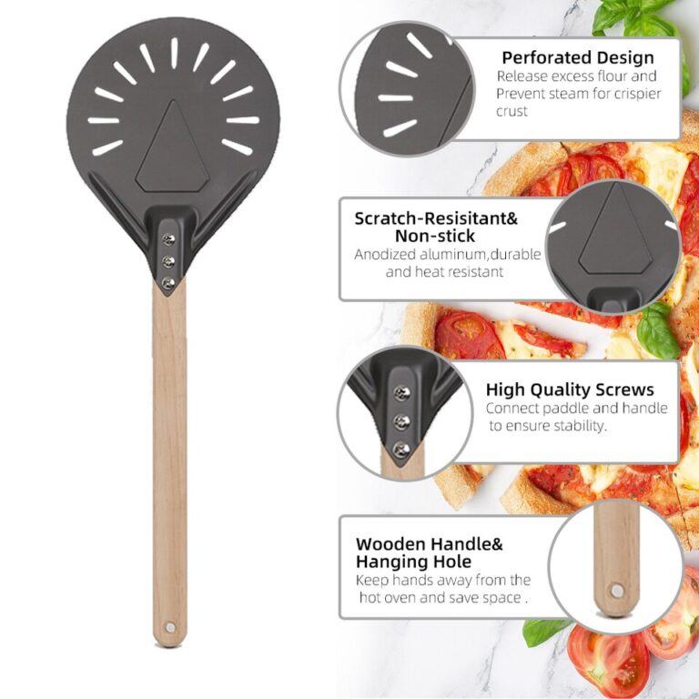 Pá giratória para pizza pequena, ferramenta redonda para pizza com cabo de madeira, acessórios para forno 7 8 9 espaços, pá de pizza de alumínio antiaderente