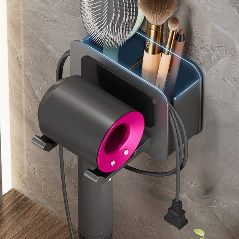 Suporte de secador de cabelo, suporte de parede para secador de cabelo, suporte de banheiro para secador de cabelo com caixa de armazenamento, prateleiras de ventilador - Image 4